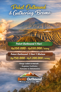 Harga paket outbound dan gathering 2 hari 1 malam di Bromo cukup fleksibel, tergantung jumlah peserta dan fasilitas yang dipilih. Harga tersebut umumnya sudah termasuk: -dan rundown acara -Fasilitator outbound -Fun games & team building -Dokumentasi standar -Konsumsi sesuai program (harga masih bisa menyesuaikan kebutuhan dan request khusus peserta)